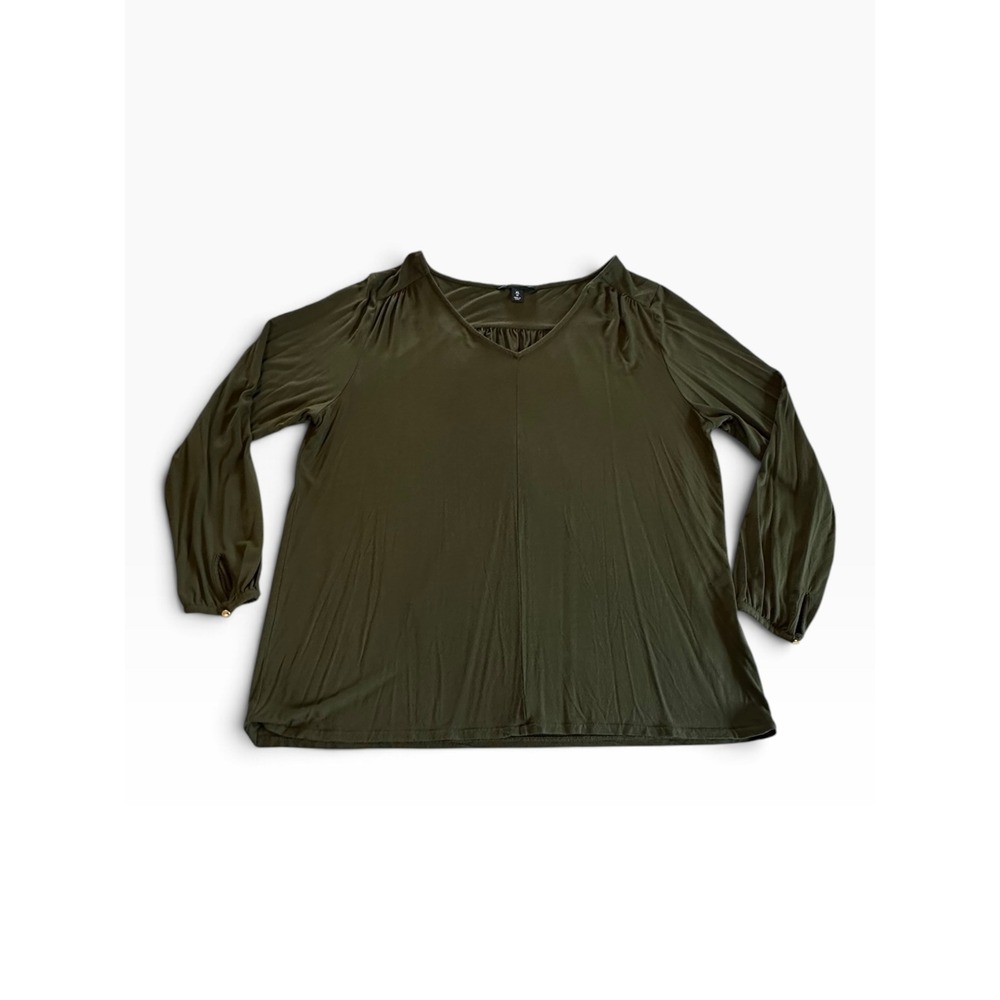 Lands' End Blouse Women XL 18 Olive Green V-Neck Long Sleeve Pullover